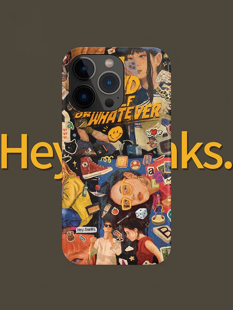 A Vibrant Collage iPhone 16 Pro Max Case adorned with colorful stickers featuring cartoons, smiley faces, and various characters. The background showcases large yellow text partially reading, "Hey thanks." This case is perfectly designed to fit the iPhone 16 Pro Max and includes pop art, street style, and retro design elements.