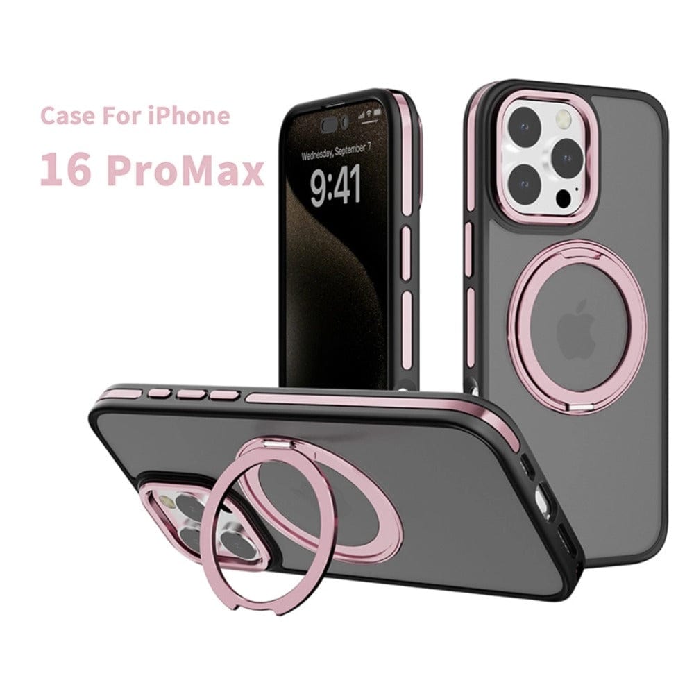 Matte black and rose gold iPhone 16 Pro Max case with a built-in rotating ring holder, MagSafe compatibility, and shockproof protection, shown from various angles.