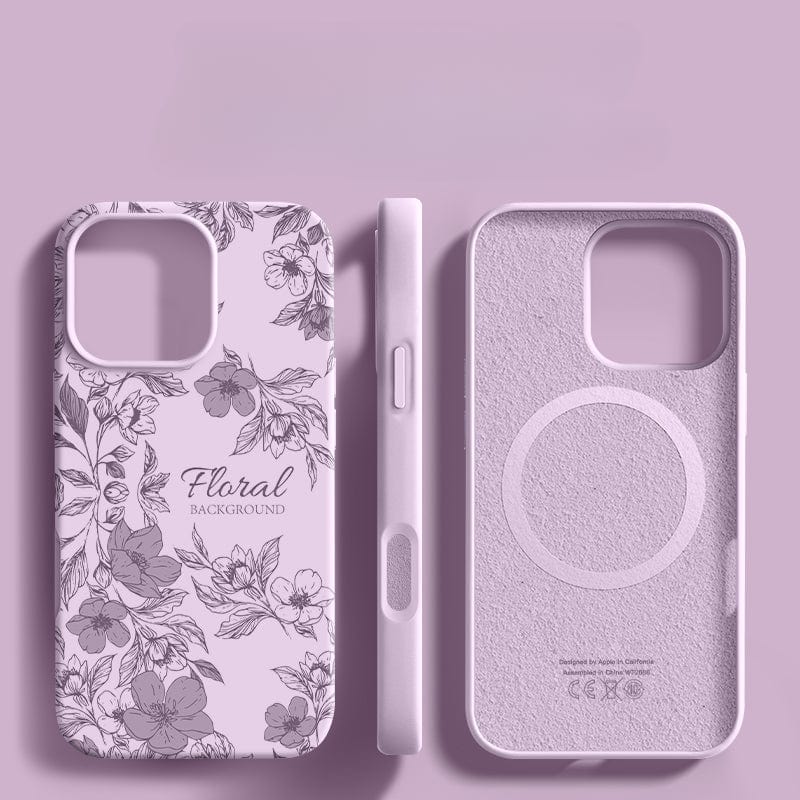 Three views of the iPhone 16 Pro Max Case - Floral Silicone Protective Cover with a floral pattern on the back. The case, featuring a shockproof triple-layer design and anti-fingerprint coating for 360° protection, is shown from the back, side, and inside, all in a light purple hue.