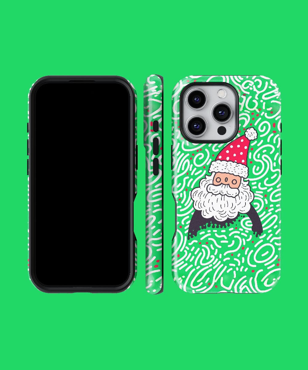 Funky Santa iPhone 16 Pro Max Case – Vibrant Holiday Design with a playful pattern is MagSafe compatible. The dual-layer case is displayed from front, side, and back views against a green background.