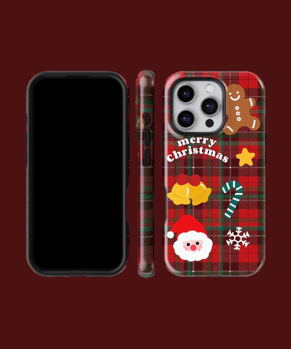 Plaid Christmas iPhone 16 Pro Max Case in a classic holiday design featuring Santa, gingerbread, bells, candy cane, snowflake, star, and "Merry Christmas" text on a red plaid background. The case offers dual-layer protection for durability and is MagSafe compatible for easy charging.