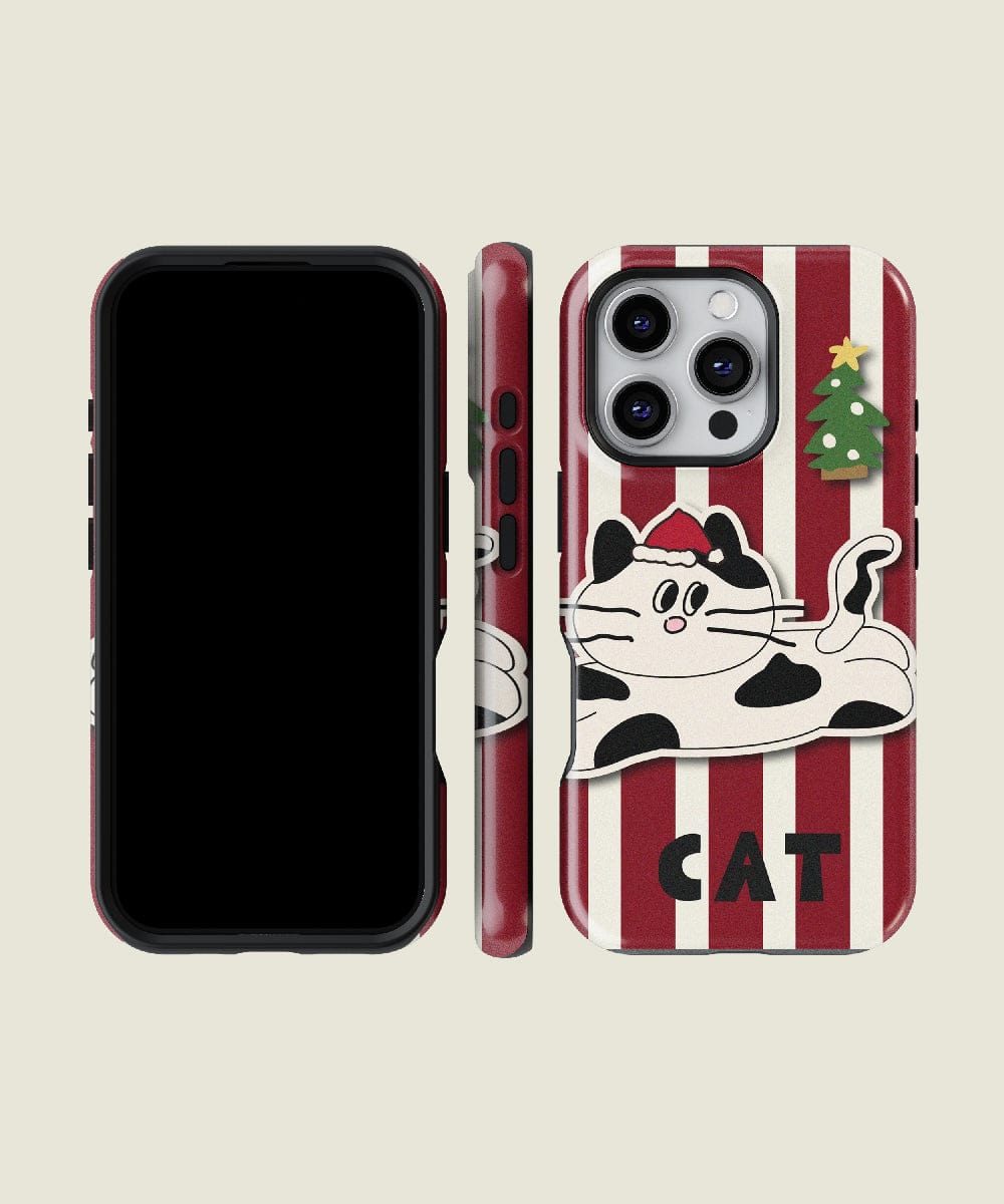 The Festive Striped Cat iPhone 16 Pro Max Case showcases a playful holiday cat design with red and white stripes, featuring a small Christmas tree decoration and the word "CAT" at the bottom. MagSafe compatible, this case combines protection with style. Three side views are displayed.