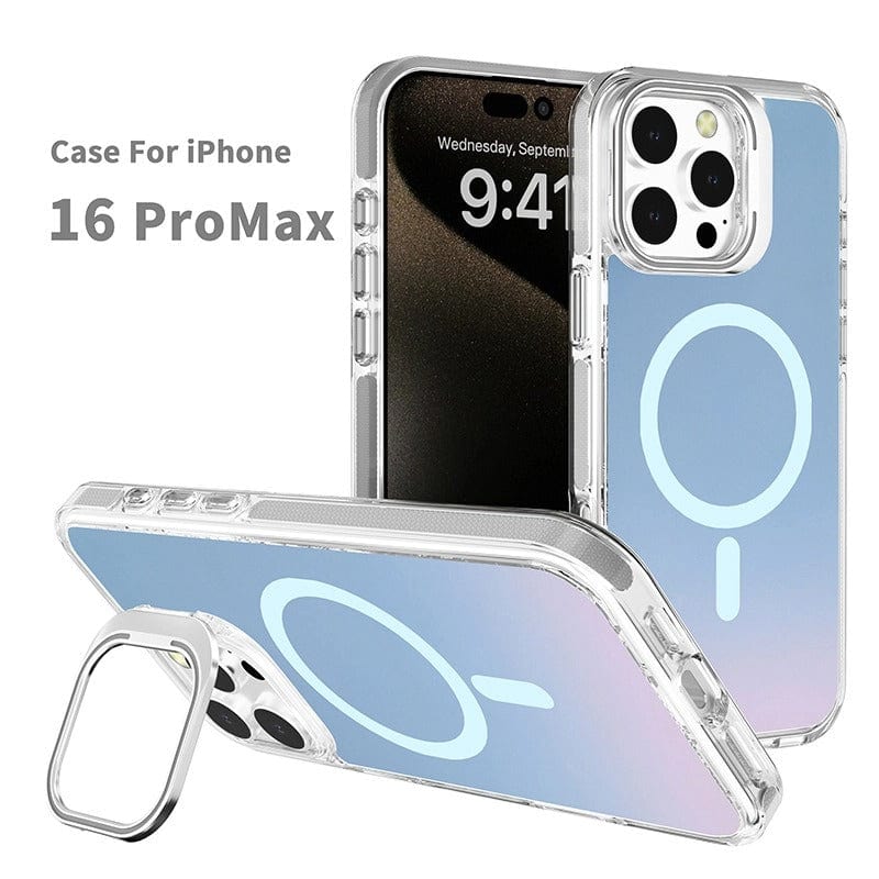 Clear iPhone 16 Pro Max case with an iridescent finish, showcased from multiple angles to highlight its design and detailing, including a built-in ring holder on the clear back and a colorful TPU bumper. MagSafe compatible.