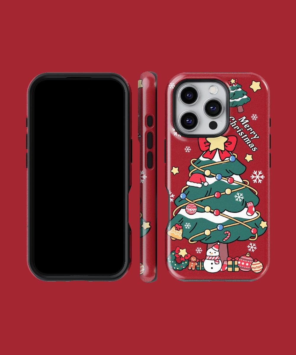 The Christmas Tree iPhone 16 Pro Max Case boasts a festive holiday design with cute ornaments, including a decorative tree, snowflakes, and a snowman. Displayed beside a phone screen, this MagSafe compatible case provides dual-layer protection, ensuring both style and safety for your device.