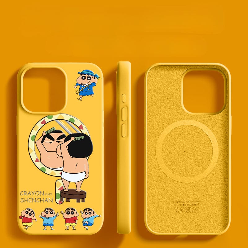 iPhone 16 Pro Max Crayon Shinchan case featuring a cute cartoon design. One side showcases multiple characters in various poses, while the other is plain yellow with a circular pattern near the center. Made with triple-layer shockproof and anti-dust liquid silicone for optimal durability and a soft touch.