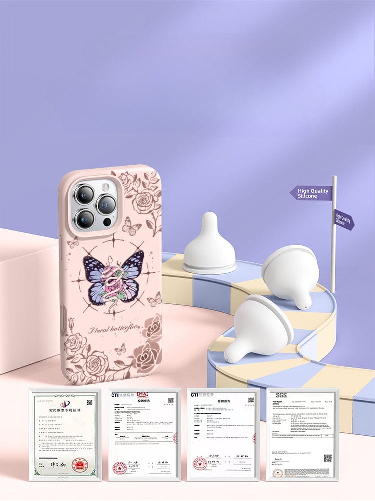 An iPhone 16 Pro Max Floral Butterfly Case - Liquid Silicone, Shockproof, Anti-Yellowing, Soft Touch is placed next to three premium liquid silicone items and several certificates on a pastel background.