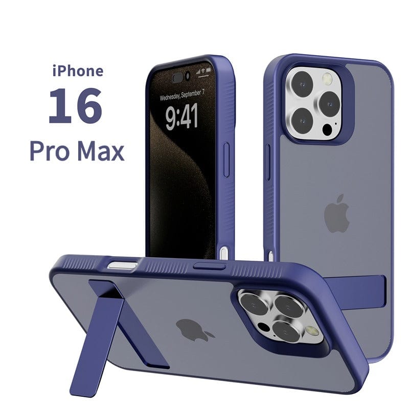 A blue iPhone 16 Pro Max case with a foldable kickstand is shown with the text "iPhone 16 Pro Max Case with Foldable Kickstand | Soft-Touch Finish | Slim TPU Protective Cover." Two phones display the front and back views, highlighting the case's features.