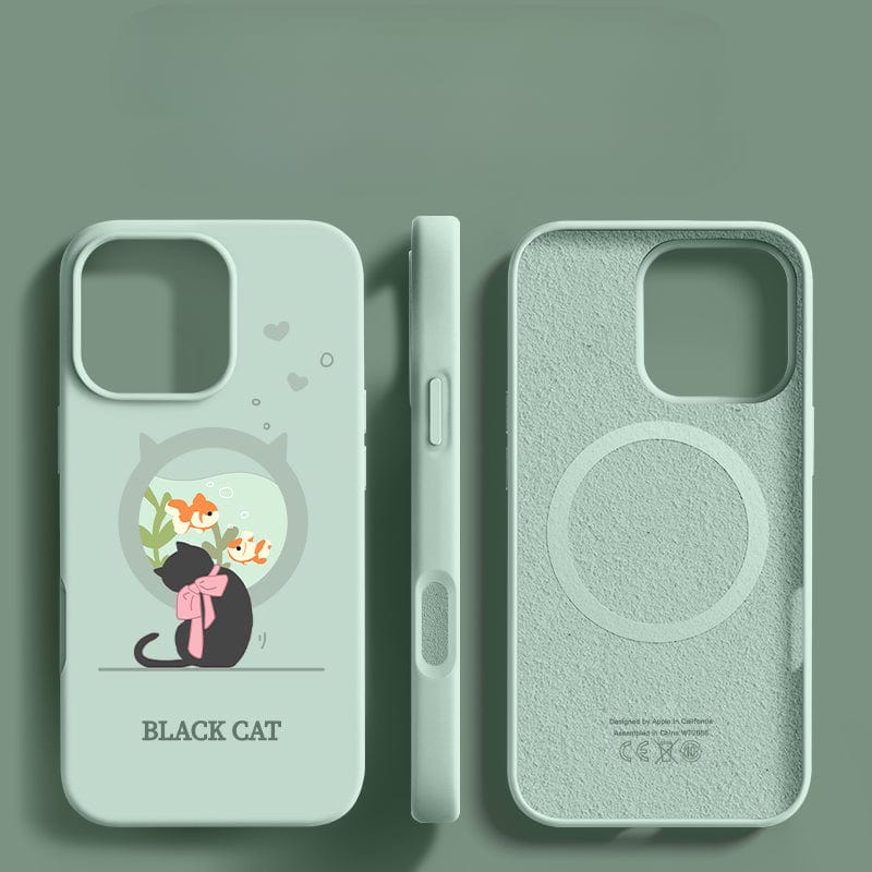 Mint green iPhone 16 Pro Max Black Cat Case - a liquid silicone, shockproof, slim fit protective cover featuring a black cat and goldfish design. The case is shown from the back, front, and side for a complete view of its smooth, durable finish.