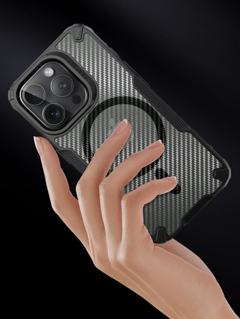 A hand holding the Lightweight MagSafe iPhone 16 Pro Max Case, featuring a black and gray patterned protective cover that showcases the device's camera lenses and highlights a circular design on the back.