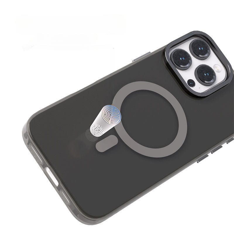 A smartphone with a transparent case and a fingerprint icon displayed on the back, positioned over a circular area beneath the camera module. The iPhone 16 Pro Max Clear Case with MagSafe, featuring an ultra-thin matte finish and shockproof material, ensures long-lasting anti-yellowing clarity and durability.