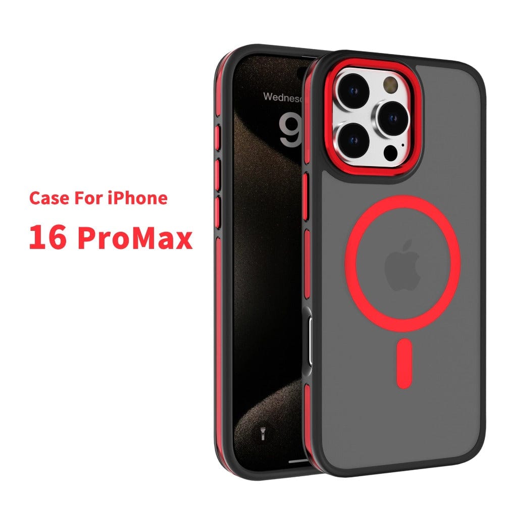 Image of the Soft-Touch iPhone 16 Pro Max Case with MagSafe, showcasing a red and black dual-color TPU design with a circular pattern on the back. Text reads: "Case For iPhone 16 Pro Max.