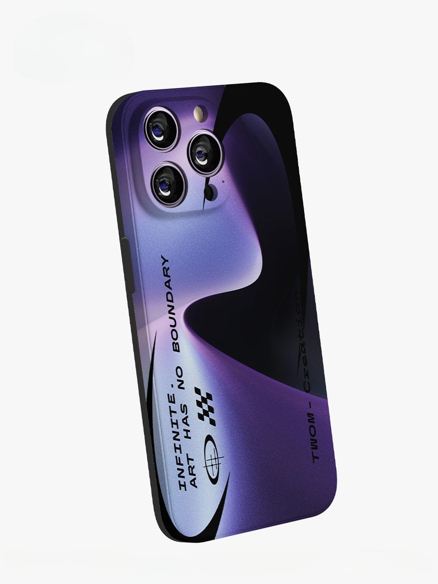 The Infinite Art iPhone 16 Pro Max case features a futuristic gradient design with abstract purple and black patterns, the text "INFINITE ART HAS NO BOUNDARY," and various graphic symbols.