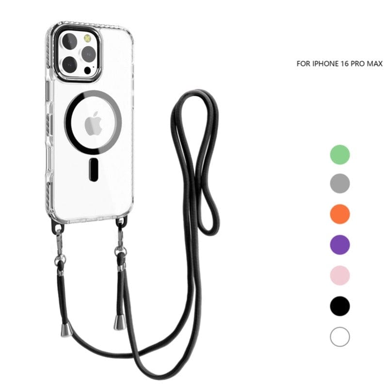 A transparent MagSafe compatible iPhone 16 Pro Max case with black lanyard straps, displayed with additional color options for the lanyard in grey, green, orange, purple, pink, and black.