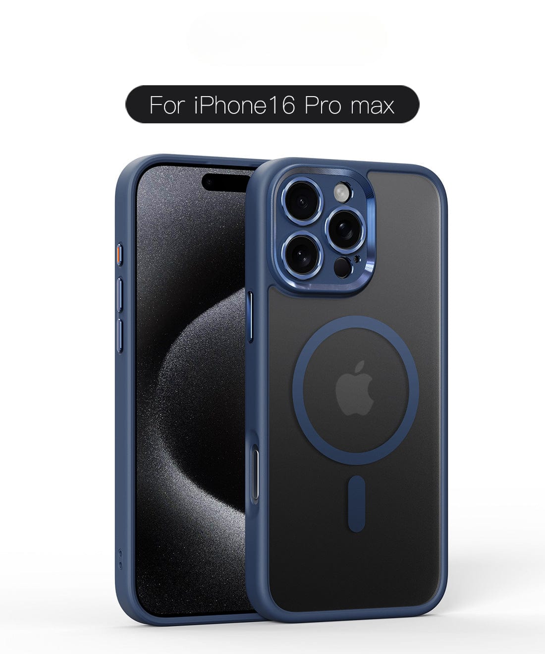 Durable MagSafe iPhone 16 Pro Max case displayed on an iPhone, with focus on the back and side buttons, featuring a blue and black design made of TPU+PC material that includes shockproof air cushion and camera protection.