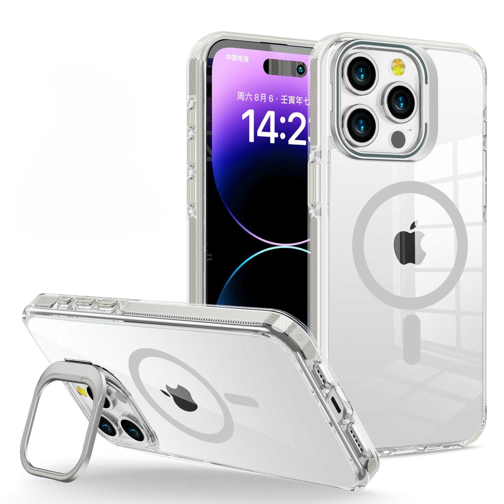 Two iPhone 16 Pro Max Cases - Clear Acrylic MagSafe Compatible with Metal Camera Frames and Invisible Kickstands, one standing to showcase the back camera section and the other lying flat to display both the back and the ring stand. The phone screen reads 14:2.