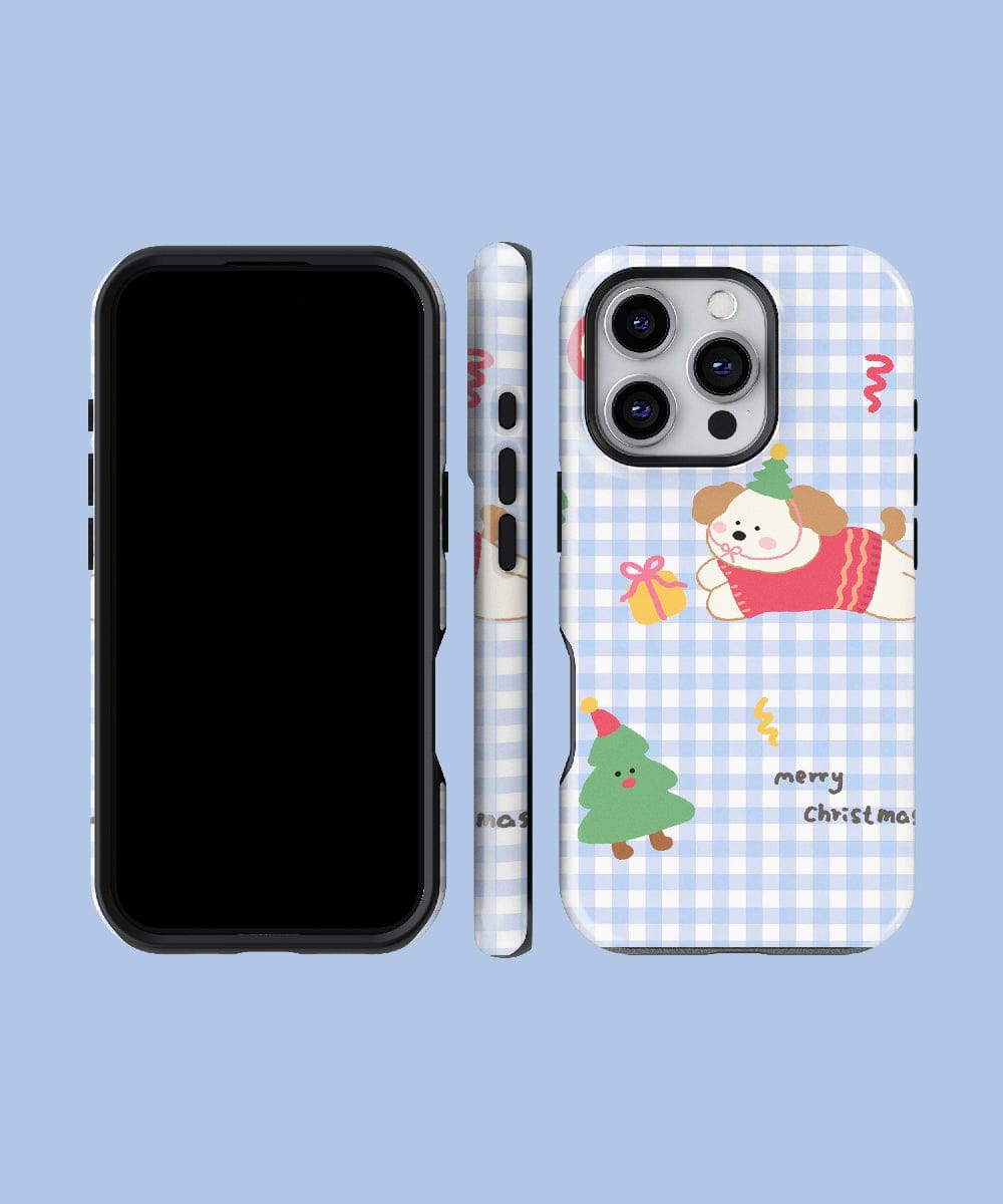 Introducing the Gingham Christmas Puppy iPhone 16 Pro Max Case, featuring a charming holiday dog design and festive pattern. This MagSafe-compatible case showcases an adorable puppy and Christmas tree with "merry christmas" text set against a light blue checkered background.