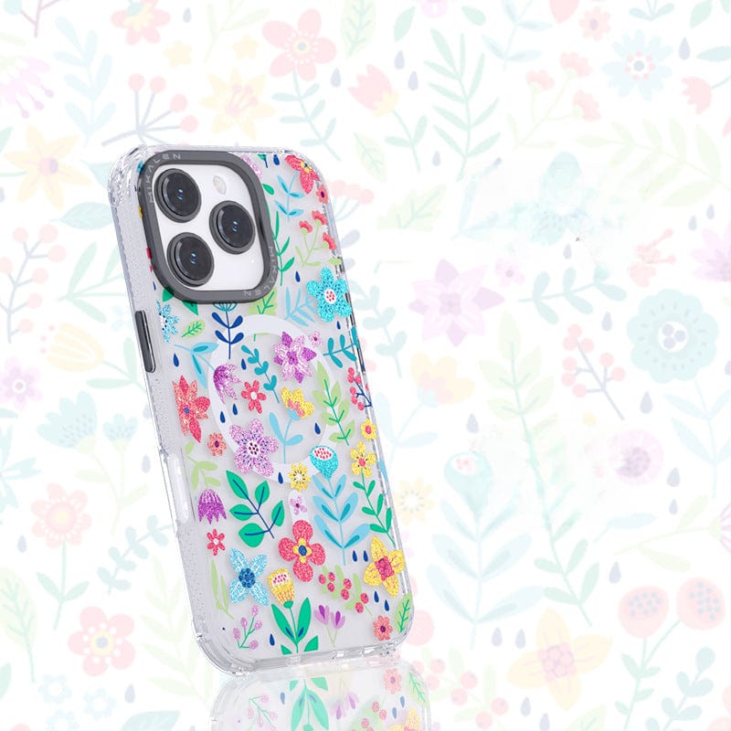 Floral MagSafe iPhone 16 Pro Max Case with a 3D flower design, showcased against a matching floral background. This shockproof clear cover blends style and functionality perfectly, featuring a TPU + PC protective shell for added durability.