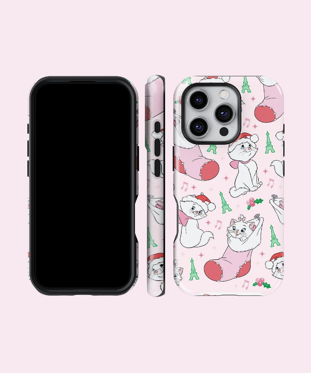 These charming Parisian Christmas Cat iPhone 16 Pro Max cases, decorated with cute cartoon cats in festive hats and Eiffel Tower accents on a pink background, are MagSafe compatible. The design is beautifully showcased from various angles, highlighting its delightful appeal.