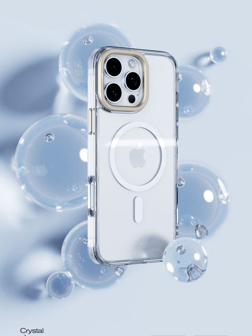 A Clear MagSafe iPhone 16 Pro Max Case with Metal Camera Bracket—crafted from TPU+PC material for anti-scratch and drop protection—features a circular design in the center, surrounded by transparent bubbles against a light blue background. The word "Crystal" is inscribed in the bottom left corner.