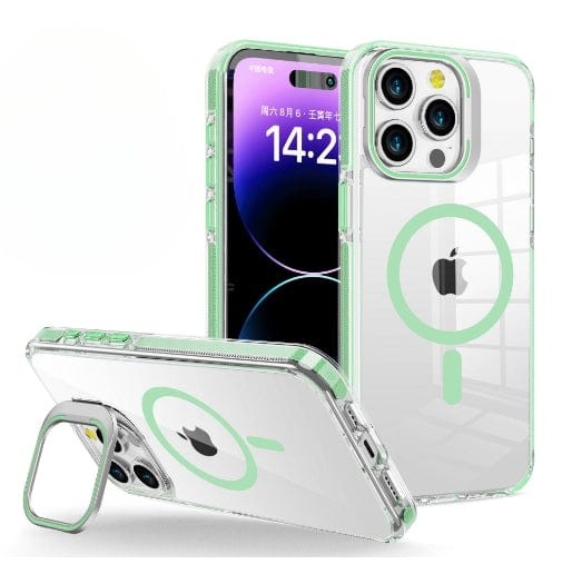 iPhone 16 Pro Max Case - Clear Acrylic MagSafe Compatible with a green MagSafe ring and metal camera frame, displayed on a white and purple smartphone screen showing the time 14:42. The case is standing upright with its invisible kickstand and lying flat on the screen.