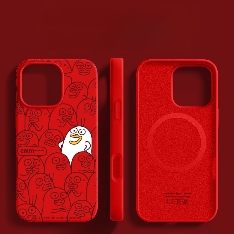 Three units of the iPhone 16 Pro Max Case featuring the charming Emm Duck cartoon pattern. The character "Emm" is highlighted in white and says "emm..." These cases offer triple-layer shockproof protection, anti-yellowing, and a washable design. Displayed for a comprehensive view, you can see them from the back, front, and side.