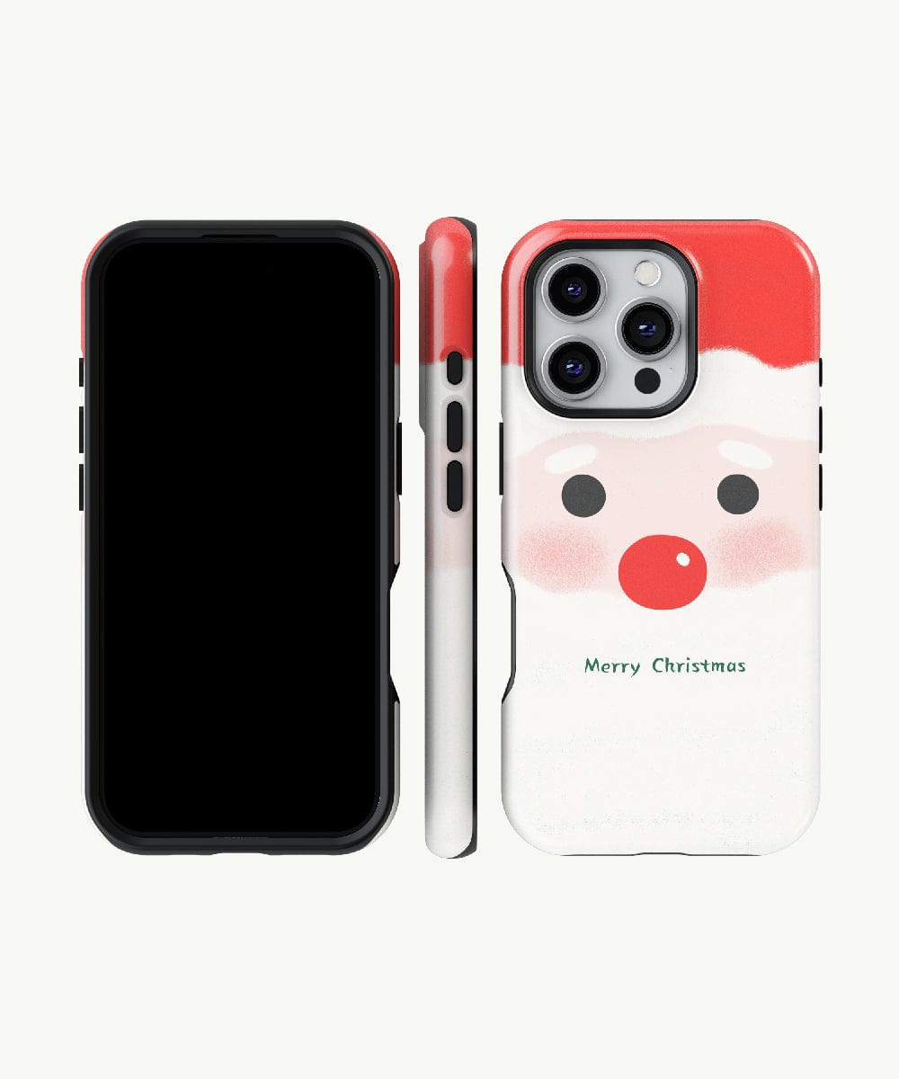 The Minimalist Santa iPhone 16 Pro Max Case, featuring a cute holiday design with "Merry Christmas" text, is displayed from the front, side, and back. This MagSafe-compatible case provides dual-layer protection for your smartphone while adding a touch of festive cheer.