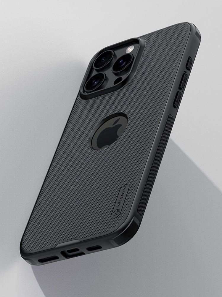 A black iPhone 16 Pro Max Protective Case offering double-layer protection and a textured anti-slip grip, showcasing the Apple logo, camera lens array on the top left, and precise cutouts for physical buttons on the right side.