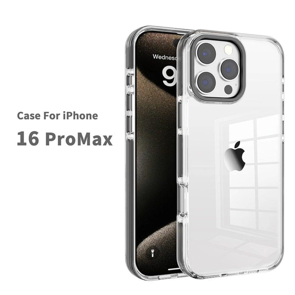 Experience everyday elegance with the iPhone 16 Pro Max Clear Case, featuring a TPU bumper and dual-layer protection. This transparent PC back cover showcases the phone's rear camera and Apple logo, while the screen displays the time and date, making it an ideal choice for your iPhone 16 Pro Max.