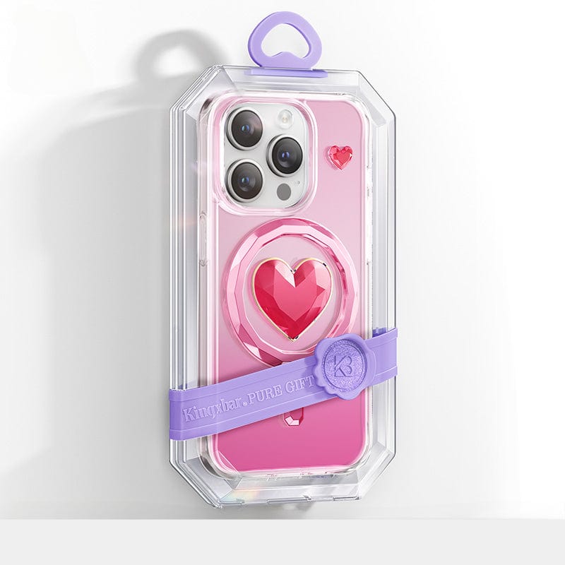 The iPhone 16 Pro Max Clear Case comes in an elegant pink shade, featuring a heart design, all within a crystal-clear box complete with a lavender strap labeled "Kingyba - PURE GIRL." It includes AI precision button cutouts and supports MagSafe for effortless connectivity.