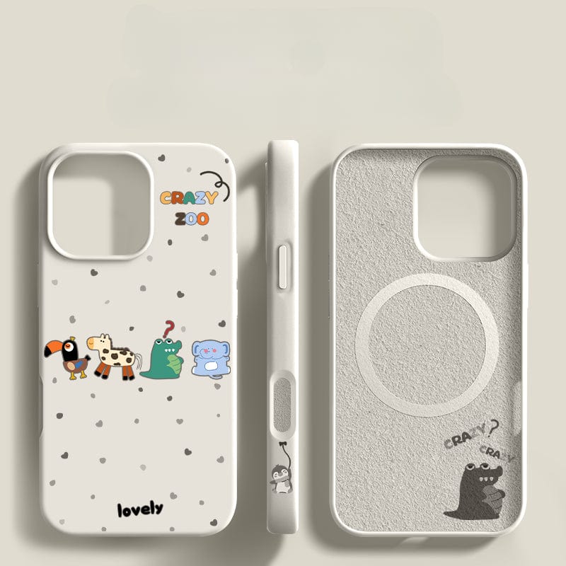 Three iPhone 16 Pro Max Crazy Zoo Cases with cute animal designs made from liquid silicone, shown from the back, side, and inside. These cases feature colorful illustrations and text, providing sturdy shockproof protection along with anti-dust and soft touch finishes.