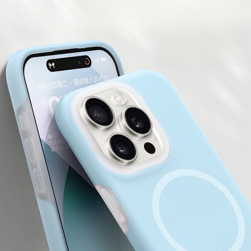 A MagSafe Compatible iPhone 16 Pro Max Case - Premium Liquid Silicone Gel, Crystal Clear Jelly-Like Protective Cover surrounds a phone with three rear cameras and a flash. The phone screen displays text in a non-English language.