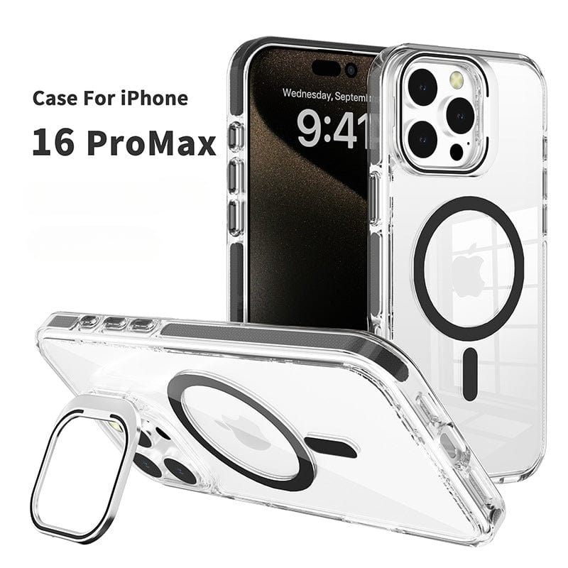 Discover the ultimate Clear MagSafe iPhone 16 Pro Max Case, featuring a durable TPU and Acrylic design, a visible clock display, an attached acrylic frame stand, reinforced corners for added protection, and comprehensive camera protection.