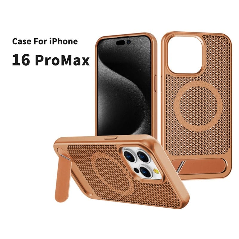 This rose gold iPhone 16 Pro Max case features a honeycomb heat dissipation design and includes a convenient kickstand for easy viewing.