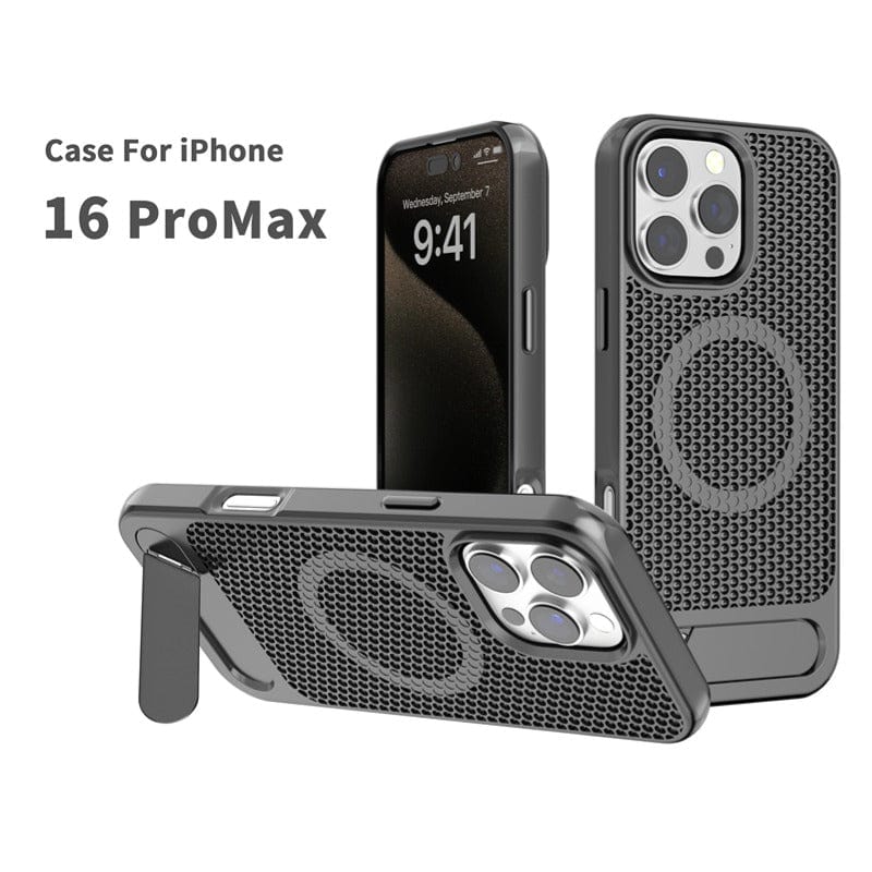 The iPhone 16 Pro Max Case with Kickstand, a sleek design in black, features a honeycomb heat dissipation design, a textured back, and metal buttons. It's MagSafe compatible and crafted from a TPU+PC hybrid material. The case, showcased on the phone and separately, provides both style and functionality.