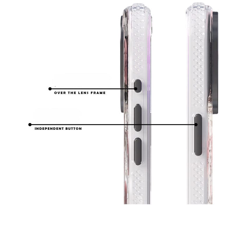 Side view of the Floral MagSafe iPhone 16 Pro Max Case, highlighting the camera lens frame and independent buttons. Labels point to the "Over the Lens Frame" and "Independent Button" on the phone's case, crafted from shockproof TPU + PC construction with a 3D flower design and MagSafe compatibility.