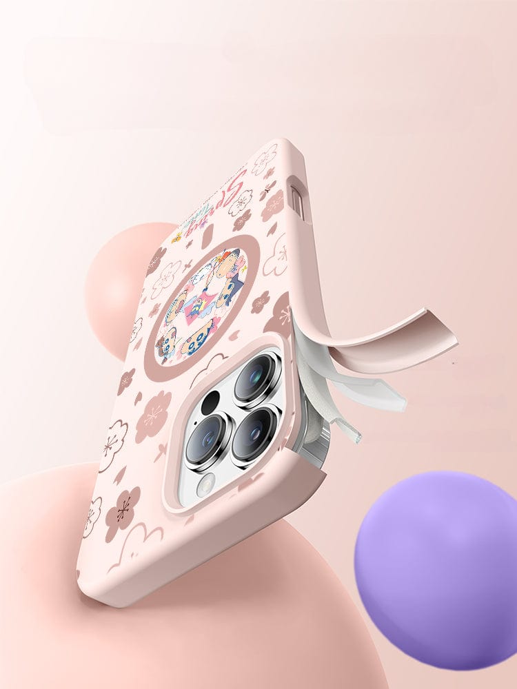 An iPhone 16 Pro Max Case - Spring Time Cartoon Silicone Protective Cover with Shockproof Design and Anti-Yellowing Coating is shown against a soft background with balloons in the foreground. It features decorative stickers, extending adhesive strips, a spring-themed design, and triple-layer shockproof protection.