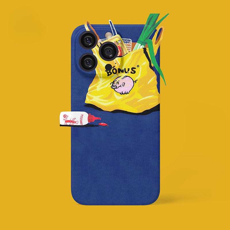 The Quirky Grocery Bag iPhone 16 Pro Max Case - Fun and Durable Protection features a vibrant yellow grocery bag design with the word "BONUS" and a pig logo, filled with scallions, a loaf of bread, a can, and other groceries. A tube of tomato paste appears to be falling out of the bag, creating a striking contrast against the blue background.