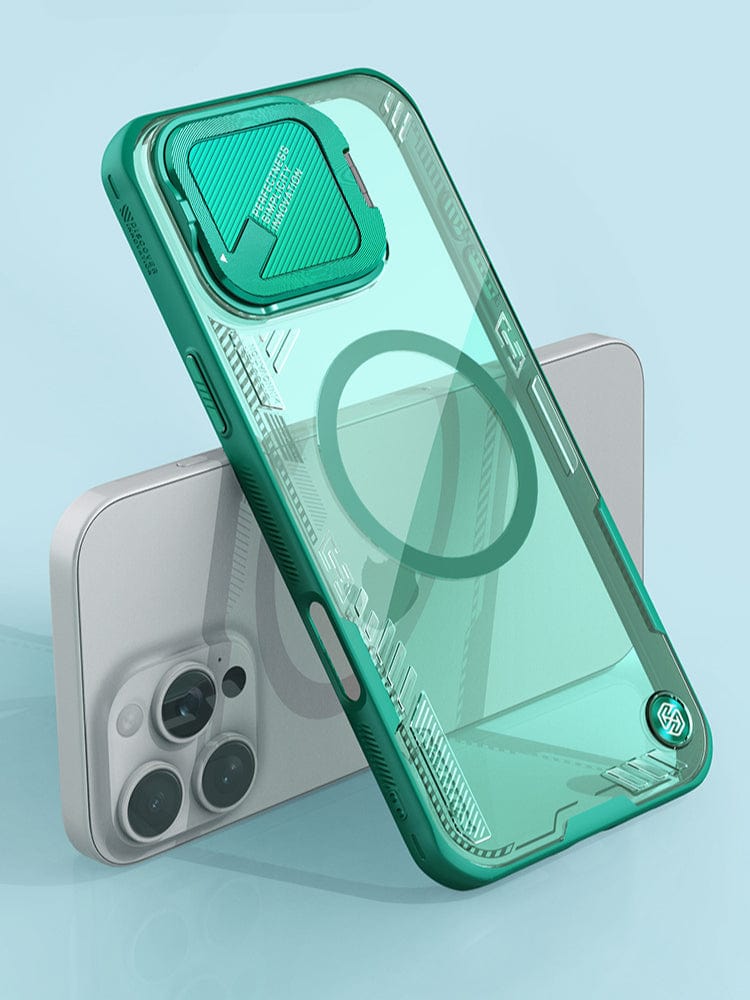 The MagSafe Compatible iPhone 16 Pro Max Case with Camera Cover in clear and green, featuring a circuit-like design, is showcased on a phone with a triple camera setup. This eco-friendly case is made from shockproof TPU, bio-based PC, and aluminum.