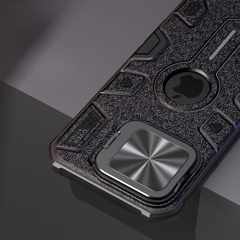 Close-up of the Rugged MagSafe iPhone 16 Pro Max Case, showcasing its metallic protective cover with a built-in stand and precise cutouts for the camera and Apple logo. The design features shockproof TPU, PC, metal construction with a camera shield, textured black accents, and MagSafe compatibility.