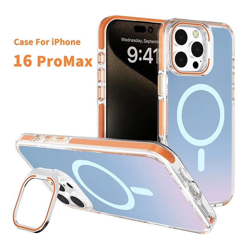 Experience the perfect blend of style and functionality with the iPhone 16 Pro Max Case. Boasting an iridescent finish, a clear back, and a colorful TPU bumper, this MagSafe-compatible case provides both protection and aesthetic appeal. The phone screen displays "Wednesday, September 9, 9:41.