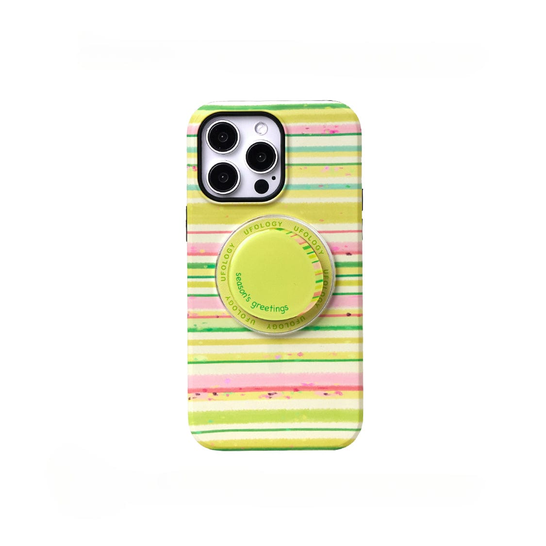 The Festive Stripes MagSafe iPhone 16 Pro Max Case features a cheerful holiday design with pastel-colored strips in green, yellow, and pink hues. It includes a round green grip accessory with the text "Season's Greetings" printed on it. The protective cover showcases the phone's triple camera setup prominently.