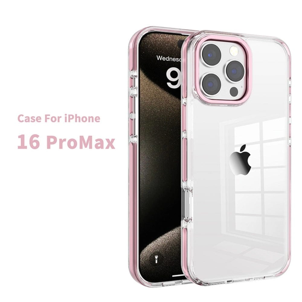 An iPhone 16 Pro Max Clear Case with TPU Bumper and pink trim is displayed next to an iPhone with a clock set to "9" on the screen.