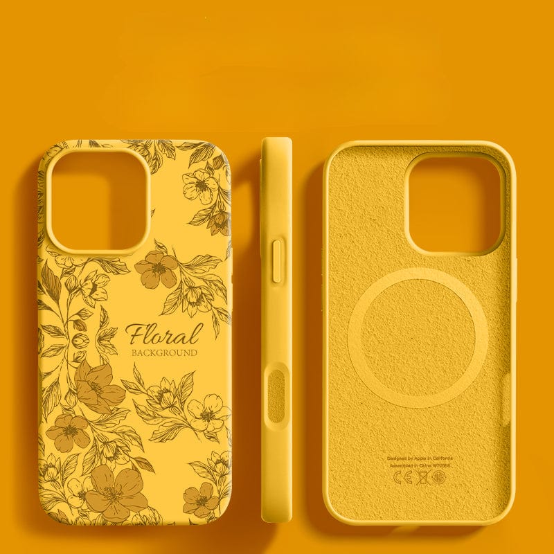 The iPhone 16 Pro Max Case - Floral Silicone Protective Cover with Shockproof Triple-Layer Design and Anti-Fingerprint Coating is displayed from three angles: front, side, and back, against a matching yellow background. The case features a delicate floral pattern with text that says "Floral Background," offering comprehensive 360° protection for your device.