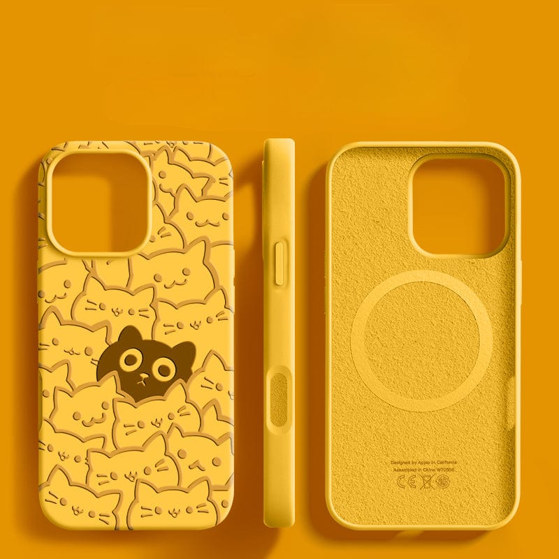 A vibrant yellow iPhone 16 Pro Max Cute Cat Pattern Case - Liquid Silicone, Shockproof, Anti-Dust, Washable Cover showcases a playful design featuring one black cat among numerous yellow cats. Shown from the front, side, and back views against a solid yellow backdrop.