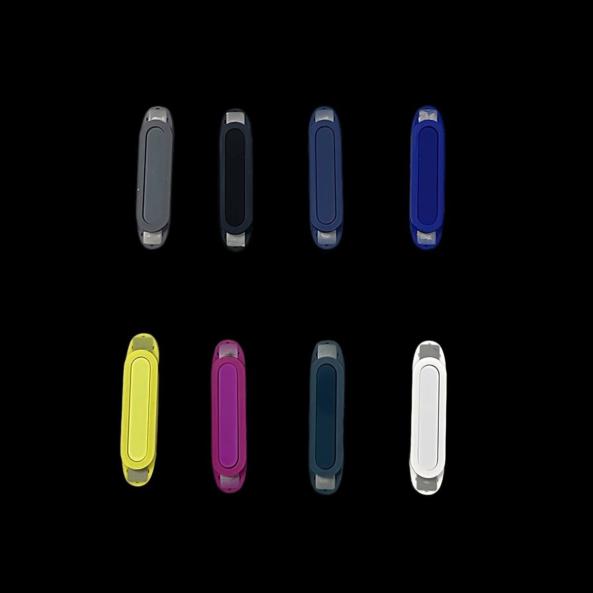 Eight vibrantly colored Capture Buttons for iPhone 16 Pro Max Cases are arranged on a black background in two rows of four, mirroring the sleek design of the cases. The colors—gray, black, blue, green, pink, dark teal, and white—enhance camera control with their precise arrangement.