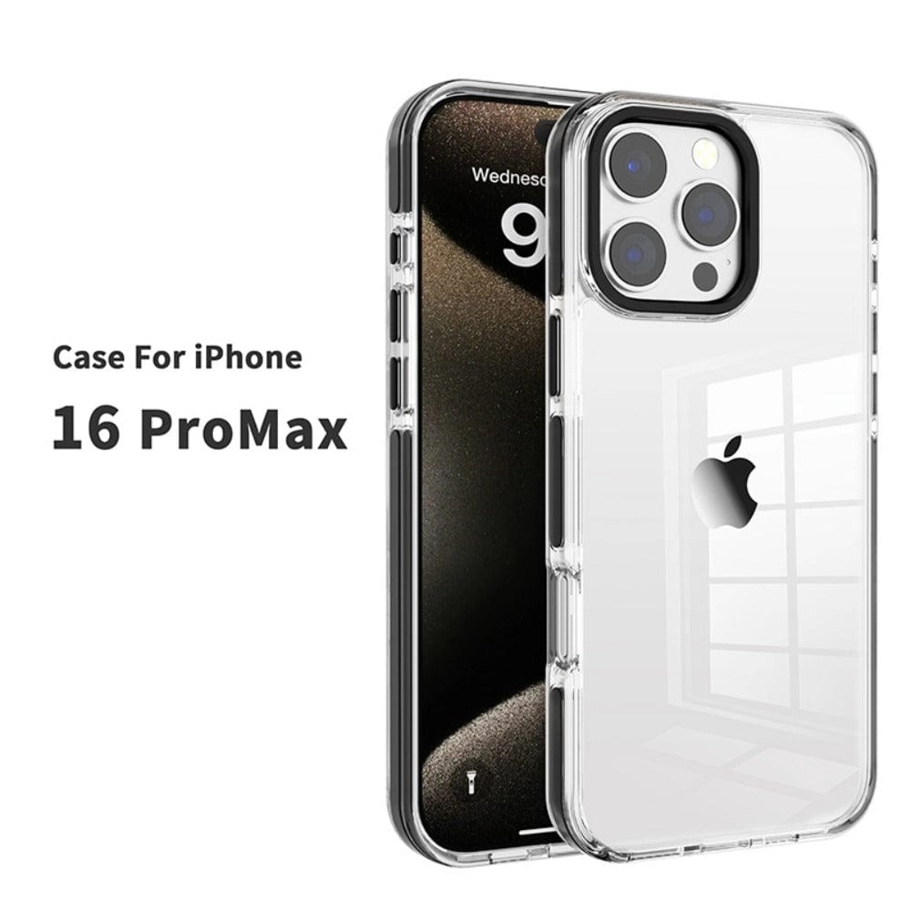 The iPhone 16 Pro Max Clear Case with TPU Bumper is a dual-layer case featuring a transparent PC back cover, designed to showcase the back and partially the front of your phone, with a sleek window reflection on the surface.