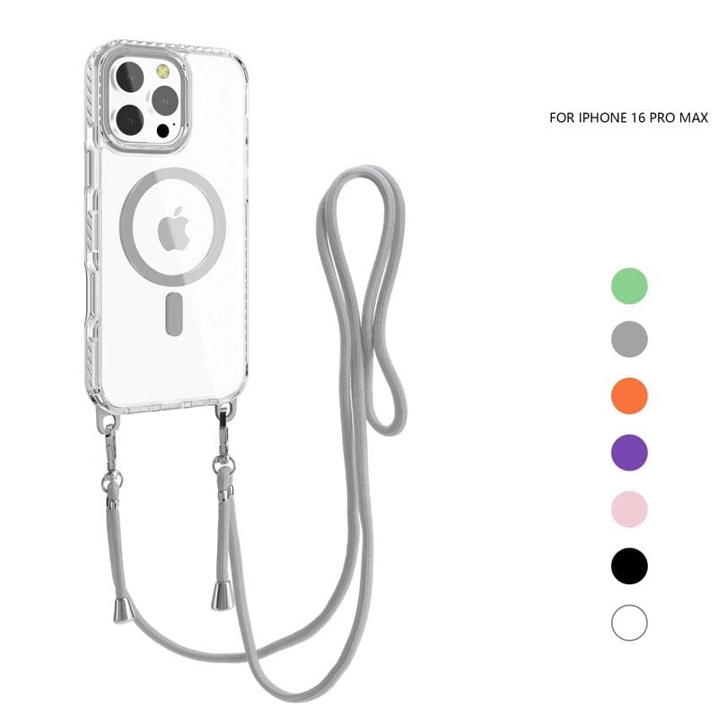 The MagSafe Compatible iPhone 16 Pro Max Case with Lanyard offers a stylish and secure way to keep your phone accessible, featuring a crossbody TPU cover with magnetic adsorption. Available lanyard colors include green, blue, purple, pink, orange, white, and black.