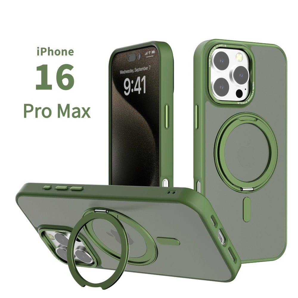 Matte Finish iPhone 16 Pro Max Case with rotating ring holder, camera cutouts, and MagSafe compatibility. The phone screen shows a time of 9:41.