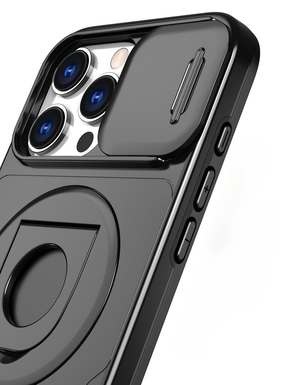 Close-up of the iPhone 16 Pro Max Case with Sliding Window, showcasing its black, shockproof TPU+PC design. The case features a camera cover attached along with volume buttons, mute switch, and rear camera lenses visible. The case also includes an anti-fingerprint and anti-slip magnetic ring stand for added convenience.