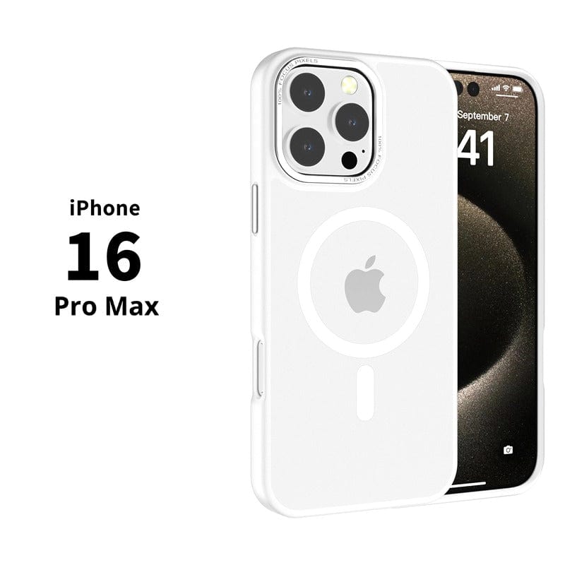 Image of an iPhone 16 Pro Max with a stylish MagSafe iPhone 16 Pro Max Case - Soft-Touch Finish, TPU+PC Material, Anti-Slip, Metal Camera Frame, showcasing its triple rear camera setup and front screen with the date September 7th and time 09:41 displayed.